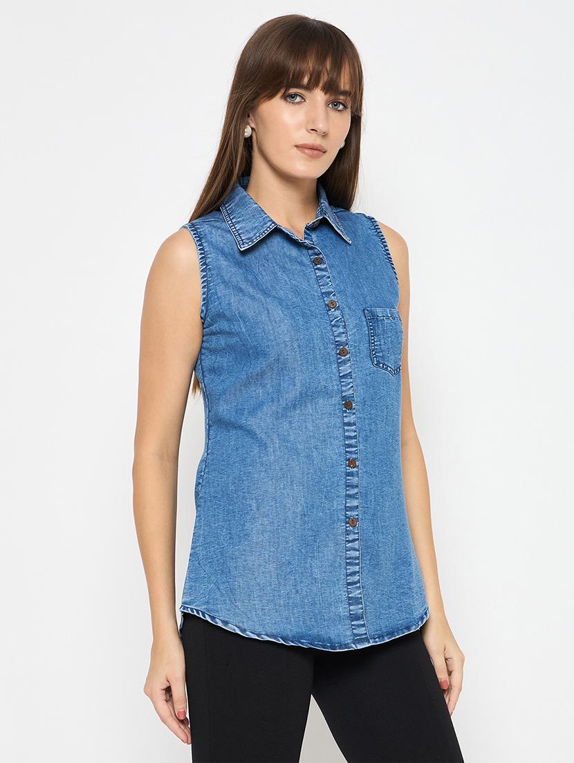women solid sleeveless denim shirt - 21633525 - Standard Image - 2