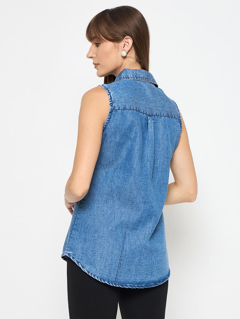 women solid sleeveless denim shirt - 21633525 - Standard Image - 3