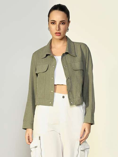 women solid long sleeves crop jacket - 21643166 - Very Small Image - 1