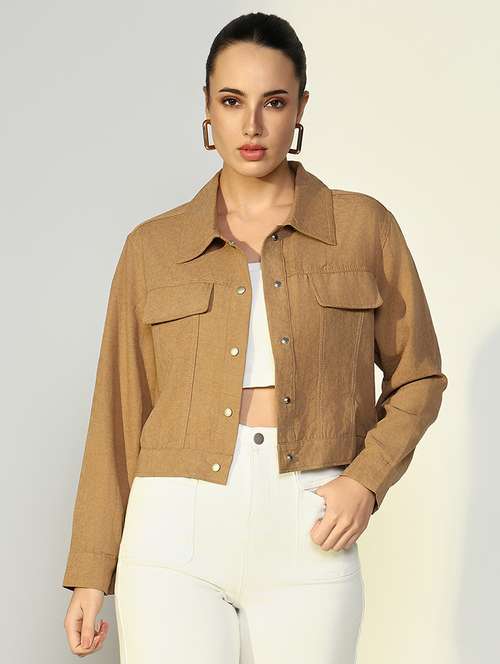 women solid long sleeves crop jacket - 21643167 - Very Small Image - 1