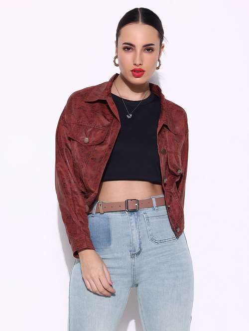 women brown printed long sleeve leather jacket - 21643174 - Very Small Image - 1