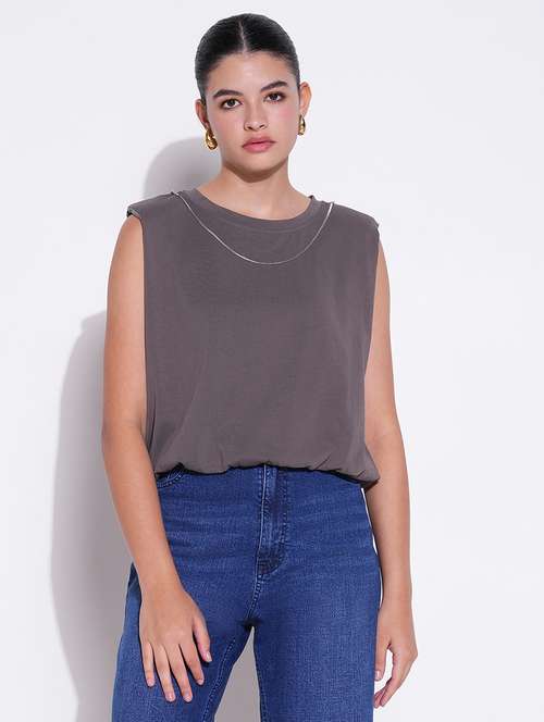 women grey solid sleeveless top - 21643445 - Very Small Image - 1