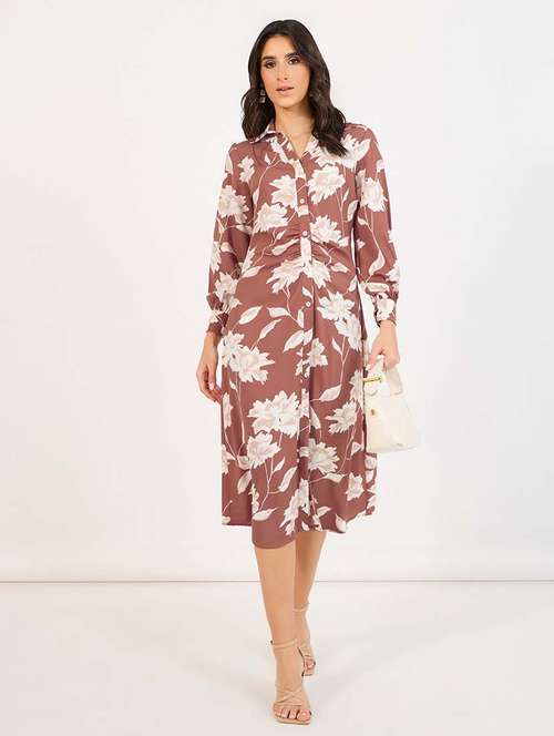 women brown floral collared neck a-line dress - 21643754 - Very Small Image - 1