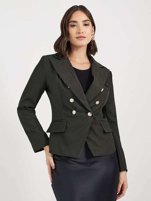 women solid long sleeves double breasted blazer - 21643826 - Very Small Image - 1