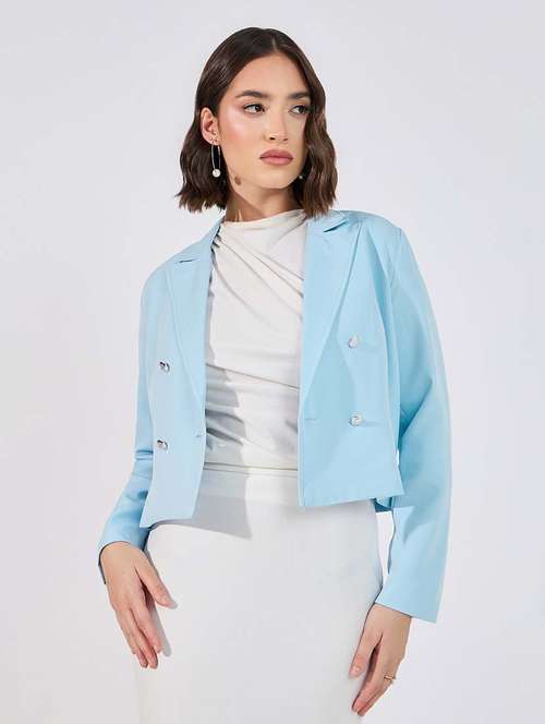 women solid long sleeves double breasted blazer - 21643827 - Very Small Image - 1