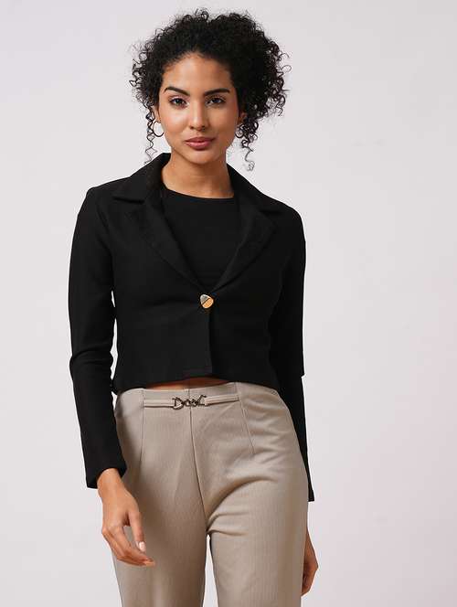 globus women black lapel collared long sleeves front opening crop work wear blazer - 21649554 - Very Small Image - 1