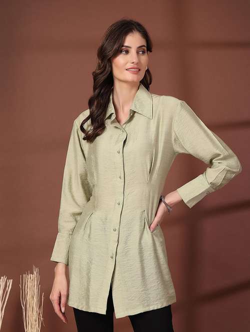 women olive solid long sleeve shirt - 21660687 - Very Small Image - 1
