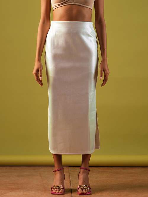 globus women metallic off white self design sheen stretchable high-rise side slit midi pencil party skirt - 21661206 - Very Small Image - 1