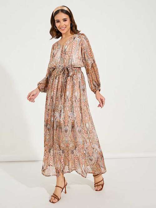 women printed puff sleeves a-line dress - 21666362 - Very Small Image - 1