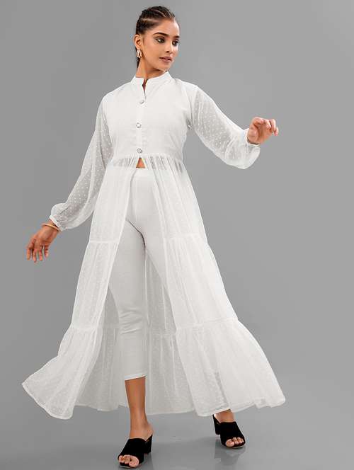 women white self design mandarin neck front slit kurta - 21668005 - Very Small Image - 1