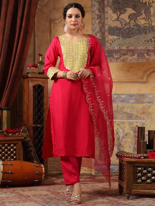 women zari work kurta pant set with dupatta - 21668133 - Very Small Image - 1