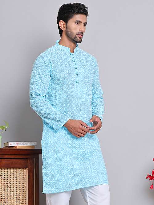 men embroidered mandarin neck long kurta - 21675152 - Very Small Image - 1