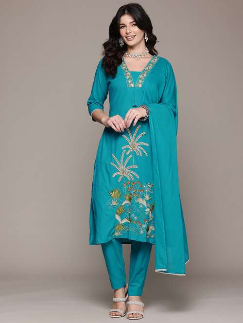 women three quarter sleeve kurta pant with dupatta set - 21675289 - Very Small Image - 1