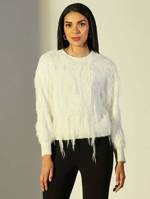 women solid fuzzy detailed long sleeve pullover - 21682279 - Very Small Image - 1