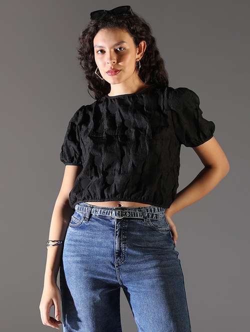 women solid puff sleeve crop top - 21682309 - Very Small Image - 1