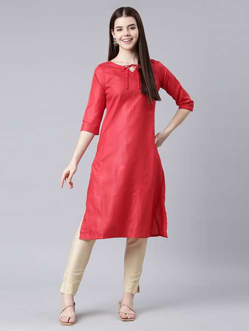 women solid three quarter sleeve straight kurta - 21682776 - Very Small Image - 1