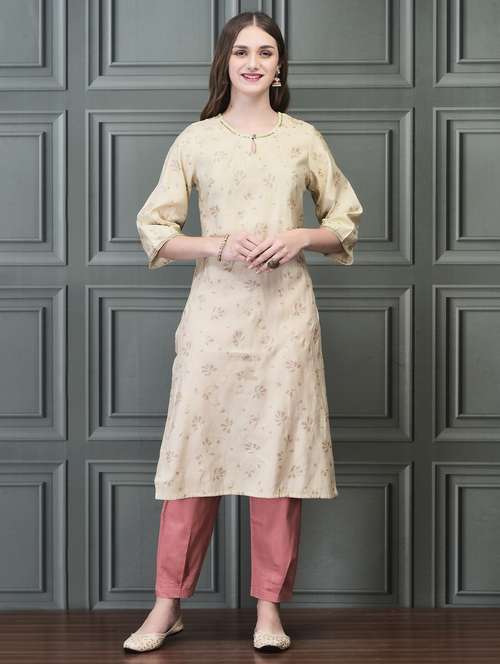 women cream three quarter sleeve straight kurta - 21689731 - Very Small Image - 1