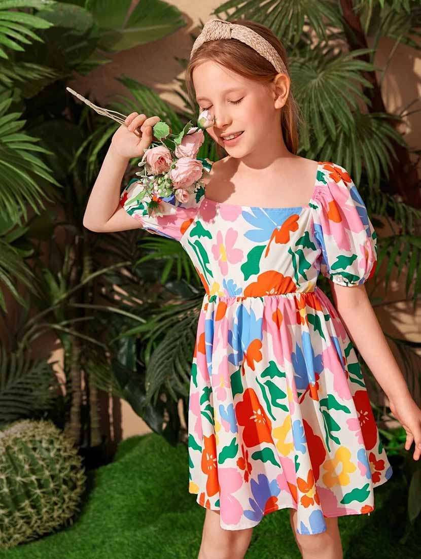 Girls Floral Print Embellished Flared Dress