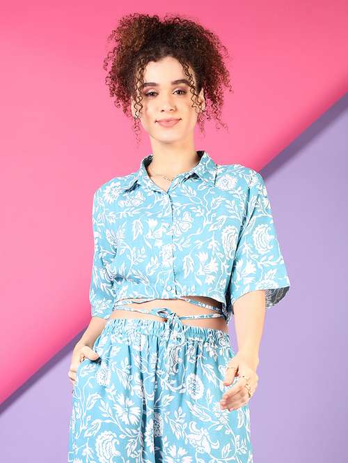 women blue floral printed short sleeve crop top - 21694298 - Very Small Image - 1