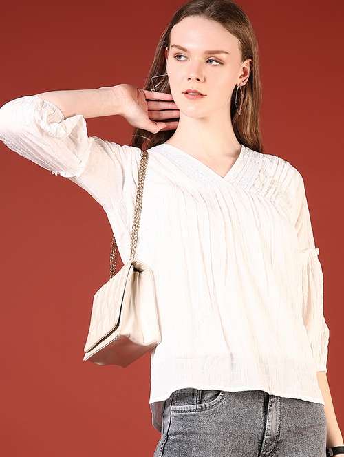 women white lace detailed v-neck regular top - 21695563 - Very Small Image - 1