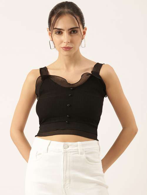 women solid shoulder strap neck crop top - 21697017 - Very Small Image - 1
