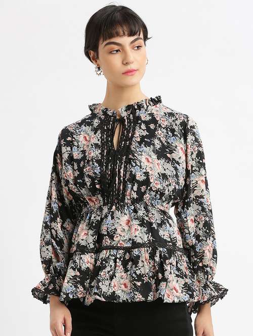 women floral printed tie-up neck peplum top - 21697033 - Very Small Image - 1
