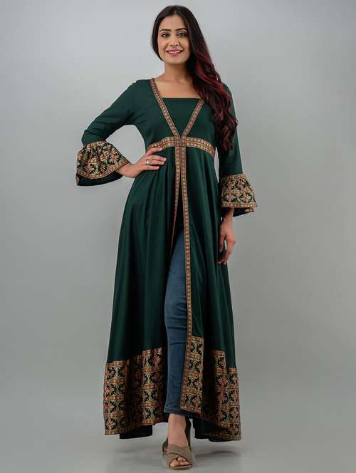 women bell sleeves foil printed front slit kurta - 21699042 - Very Small Image - 1