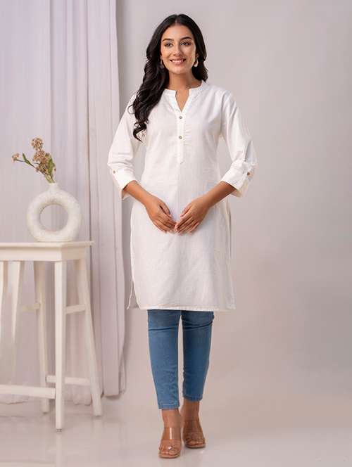 women solid three quarter sleeve straight kurta - 21700571 - Very Small Image - 1