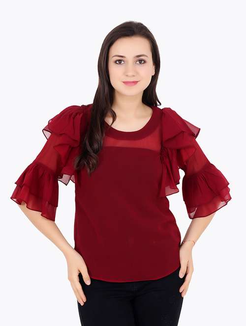 women solid ruffled sleeves regular top - 21711316 - Very Small Image - 1