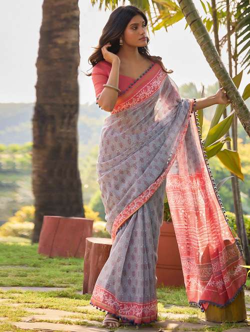 women printed bordered saree with blouse - 21713610 - Very Small Image - 1