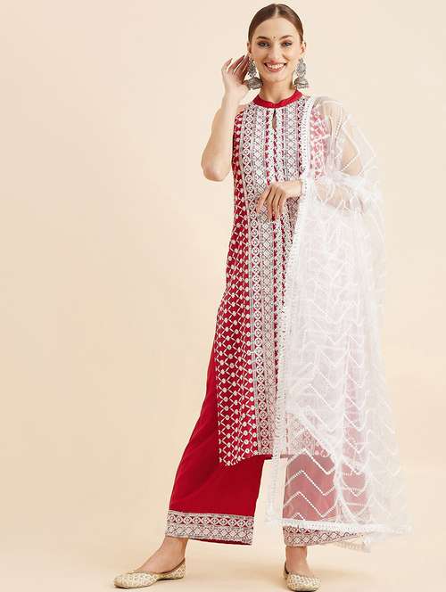 women embroidered sleeveless kurta palazzo with dupatta set  - 21715975 - Very Small Image - 1