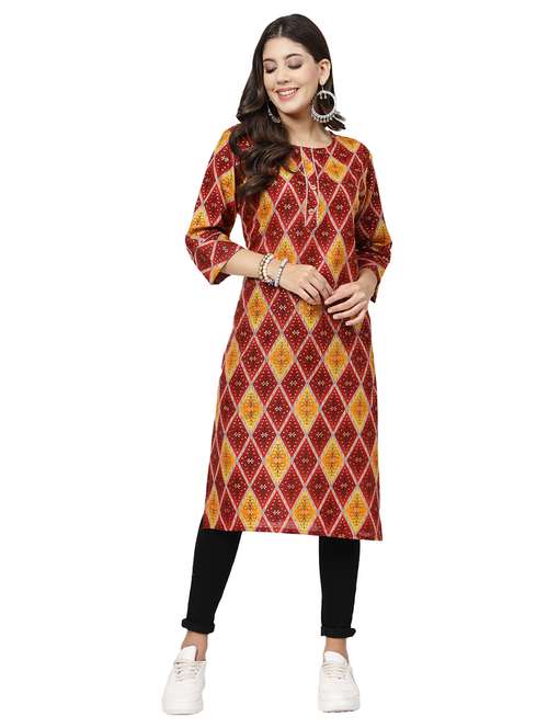 women round neck foil printed straight kurta - 21717772 - Very Small Image - 1