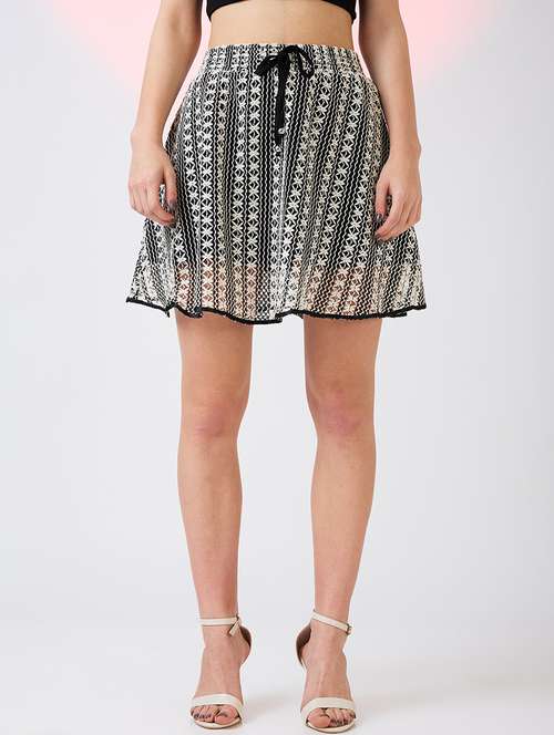globus women black & white self design crochet mid rise drawstring waist flared mini skirt - 21718306 - Very Small Image - 1