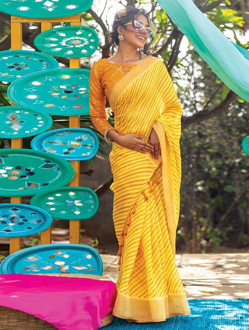 women yellow stripes printed saree with blouse - 21722437 - Very Small Image - 1