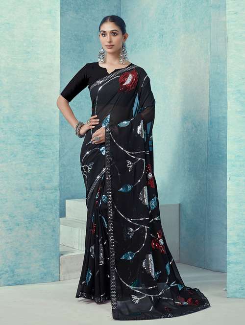women black sequined embellished saree with blouse - 21723187 - Very Small Image - 1