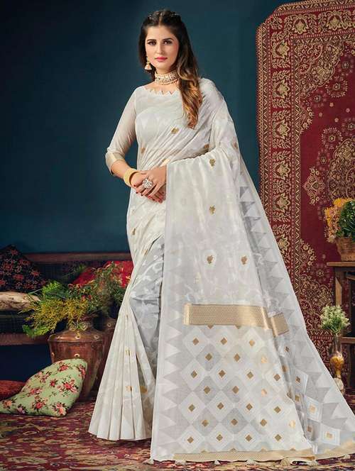 women white self design zari bordered saree with blouse - 21723362 - Very Small Image - 1