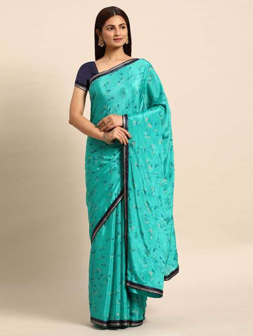 women turquoise printed lace work saree with blouse - 21723403 - Very Small Image - 1