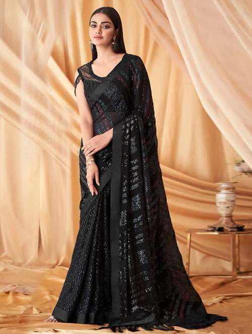 women black sequin work saree with blouse - 21723569 - Very Small Image - 1