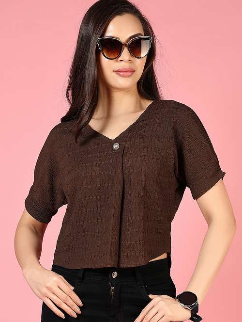 women solid collared hort sleeve crop top - 21725714 - Very Small Image - 1