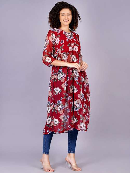 women floral printed round neck front slit kurta - 21731007 - Very Small Image - 1