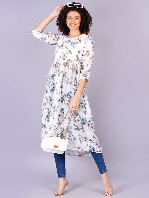 women floral printed round neck front slit kurta - 21731008 - Very Small Image - 1