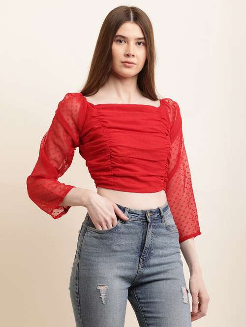 women solid long sleeves ruched crop top - 21731108 - Very Small Image - 1