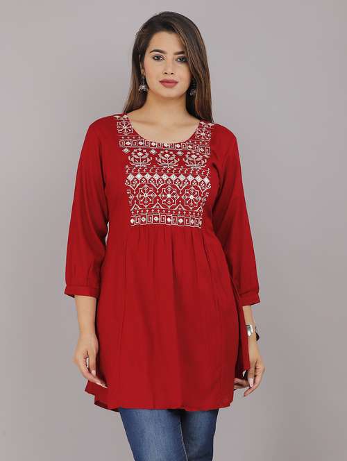 women round neck embroidered a-line kurti - 21731161 - Very Small Image - 1