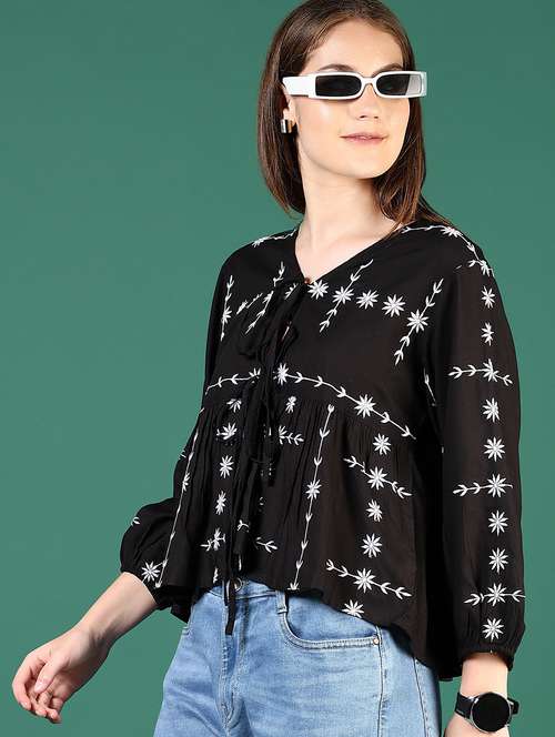 women black embroidered three quarter sleeve top - 21733413 - Very Small Image - 1