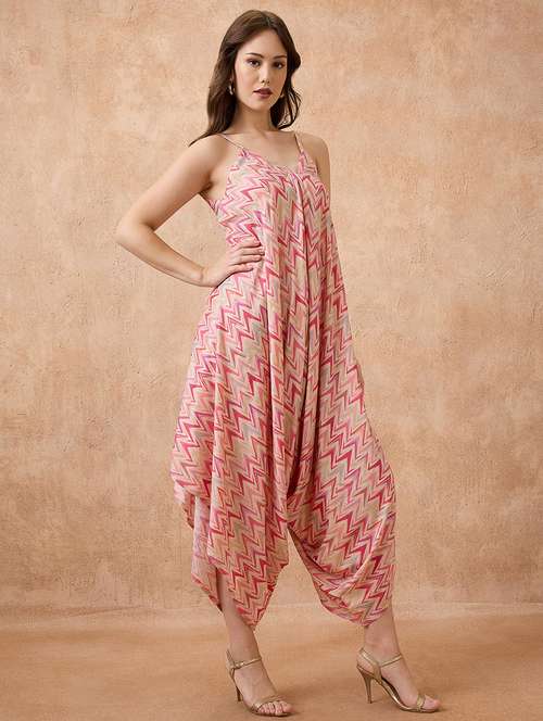 globus women multi abstract print v-neck strappy shoulder waist tie-ups harem style fusion jumpsuit - 21738633 - Very Small Image - 1