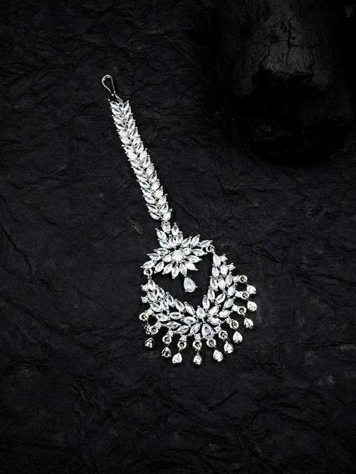 unique silver ad cz studded chandbali style maang tikka  - 21746873 - Very Small Image - 1