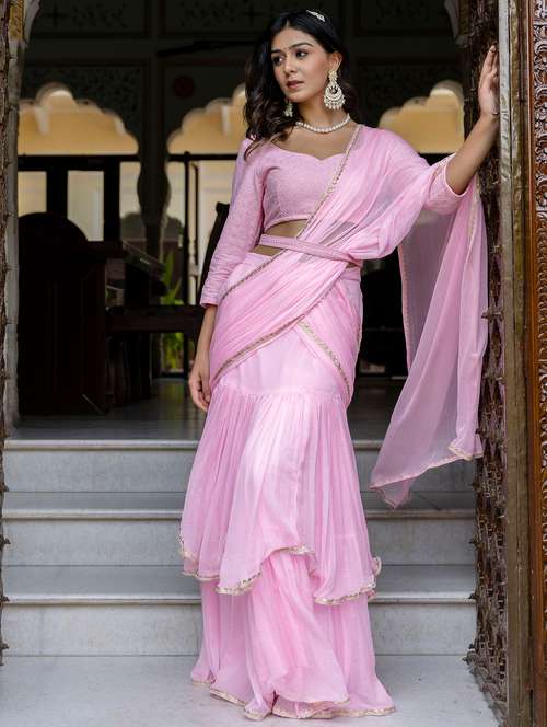 women pink solid ruffle party wear saree with blouse - 21747877 - Very Small Image - 1