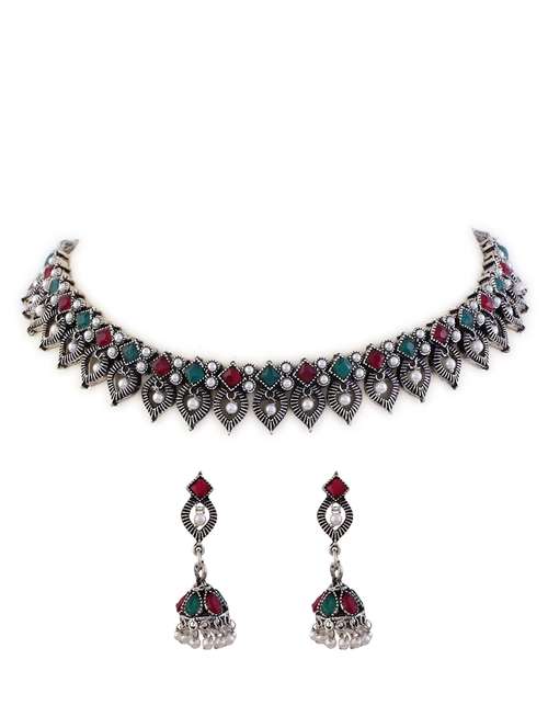 alloy silver necklace earring jewellery set - 21775514 - Very Small Image - 1