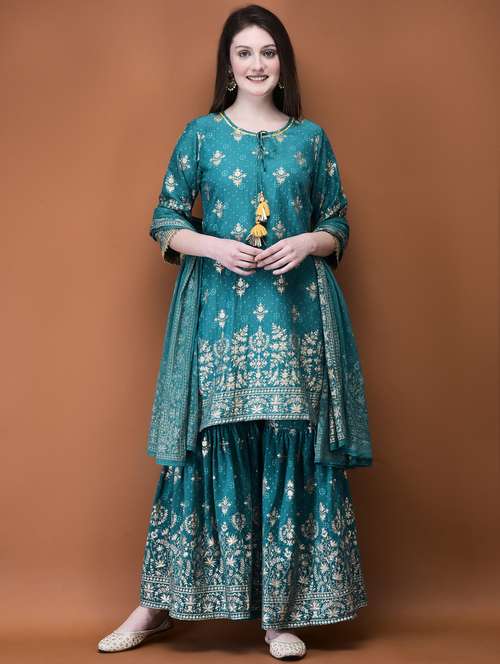 women three quarter sleeve kurta sharara with dupatta set - 21785529 - Very Small Image - 1