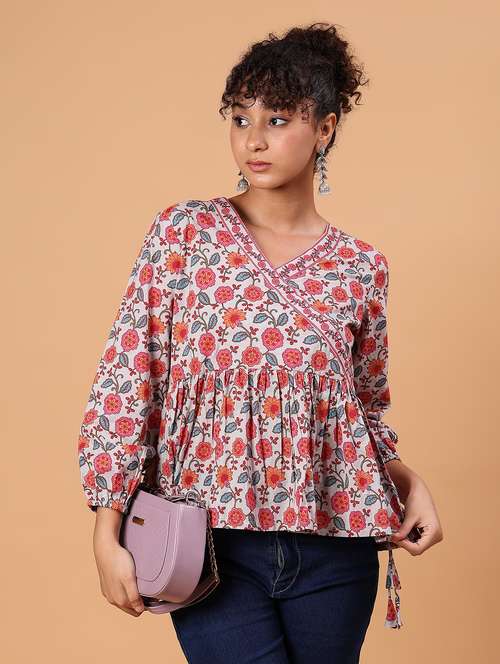 women floral printed v neck peplum top - 21795043 - Very Small Image - 1